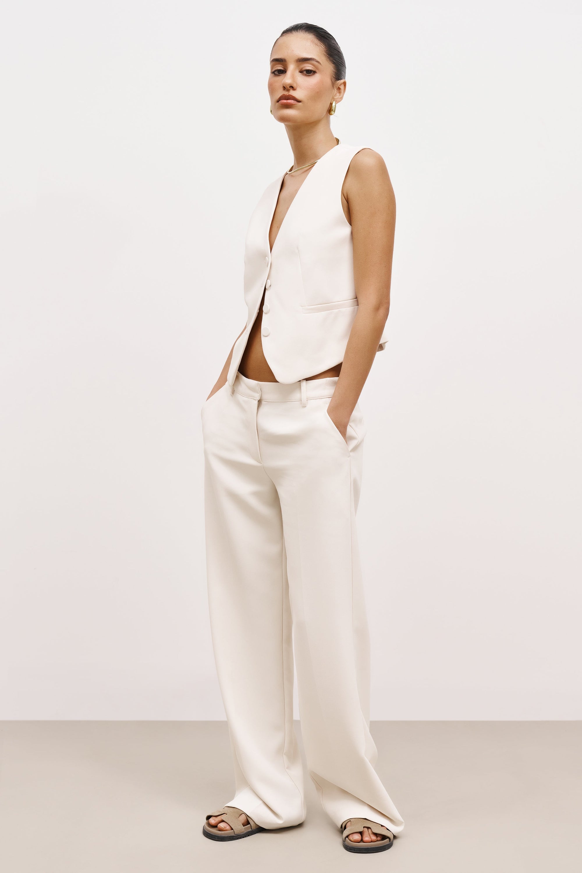 Draped Mid Rise Trousers - Cream