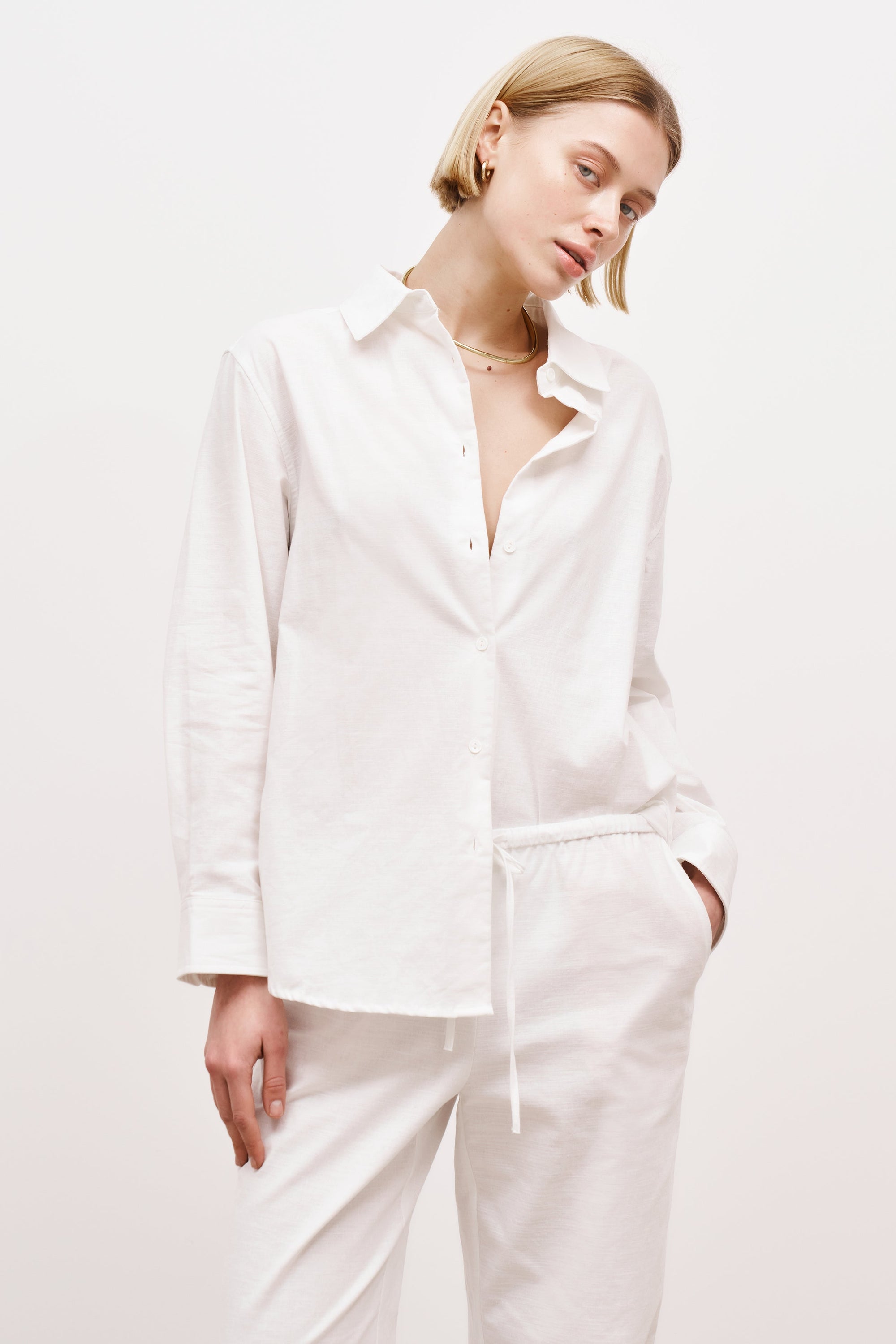 Linen Long Sleeve Boyfriend Shirt - White