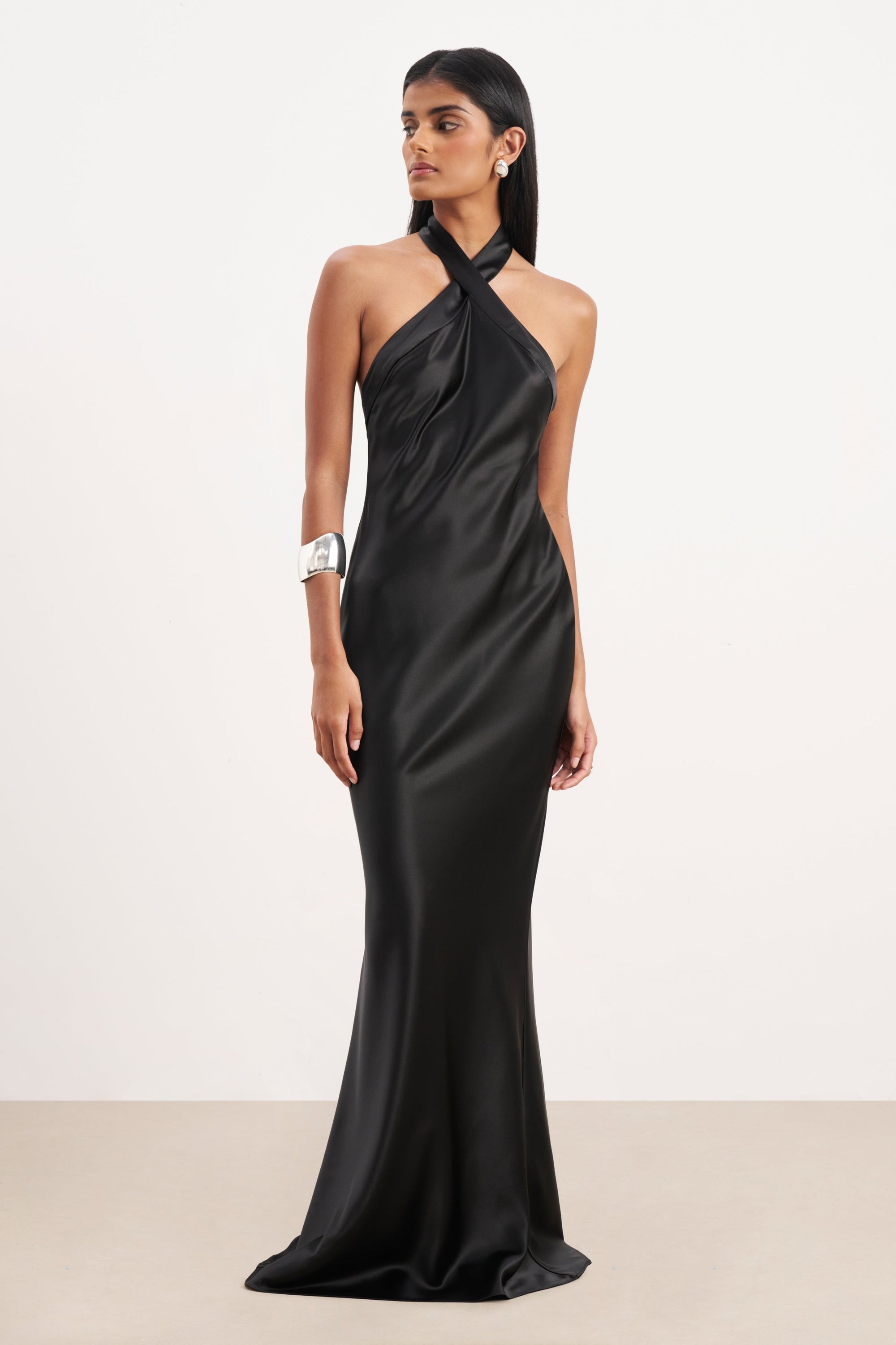 Satin Cross Strap Halter Gown - Black | BOA US Satin Cross Strap Halter Gown - Black | BOA US
