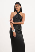 Satin Cross Strap Halter Gown - Black