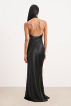 satin cross halter dress in black Daney Black Satin Cross-Front Halter Maxi Dress