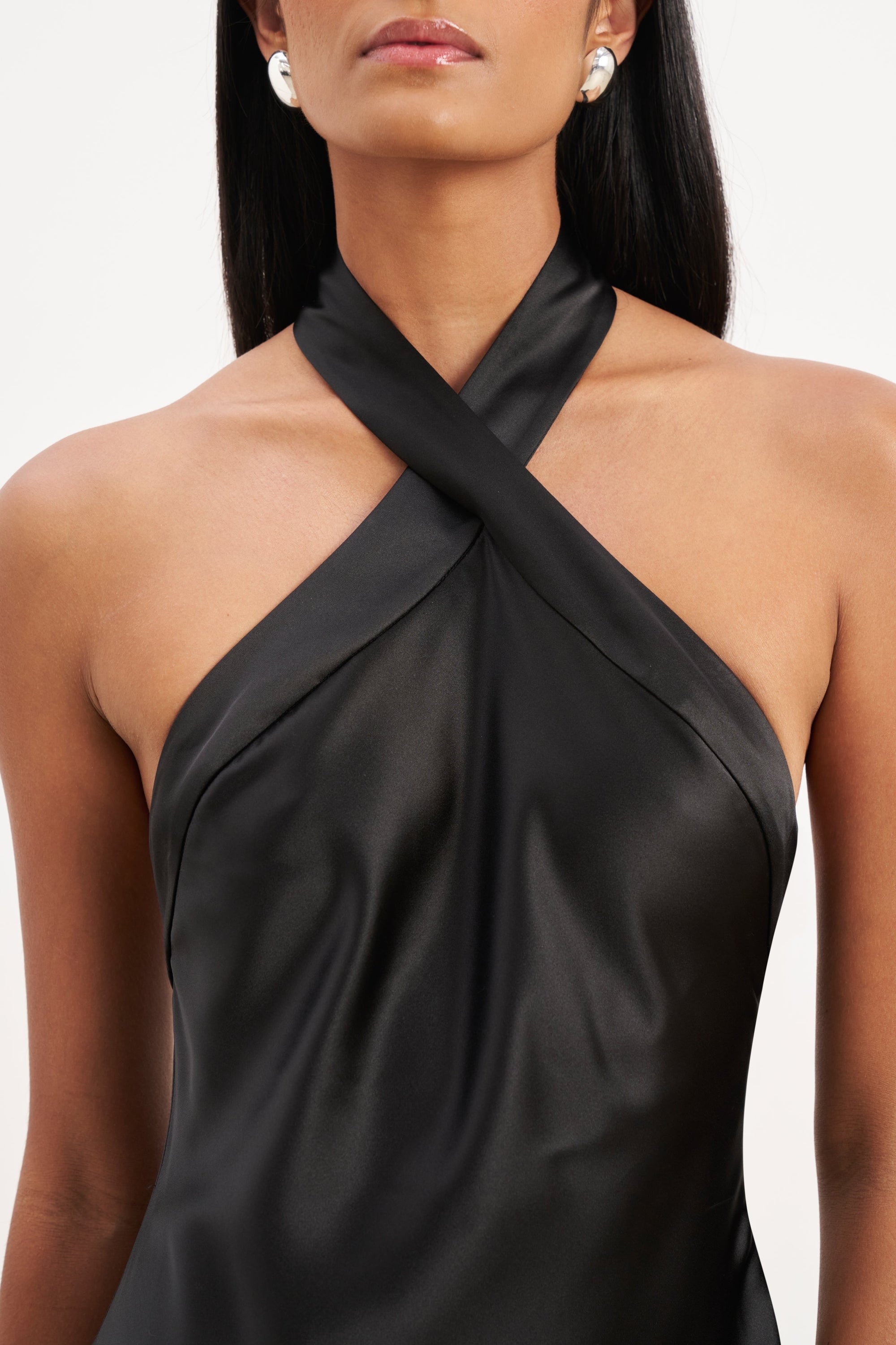 black satin halter dress Satin Cross Strap Halter Gown - Black