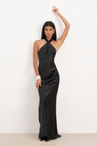 Satin Cross Strap Halter Gown - Black