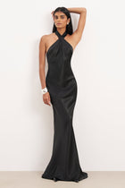 Satin Cross Strap Halter Gown - Black