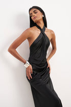 Satin Cross Strap Halter Gown - Black