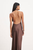 Satin Plunging Cowl Neck Maxi Dress - Carob