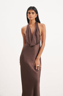 Satin Plunging Cowl Neck Maxi Dress - Carob