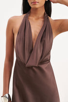 Satin Plunging Cowl Neck Maxi Dress - Carob
