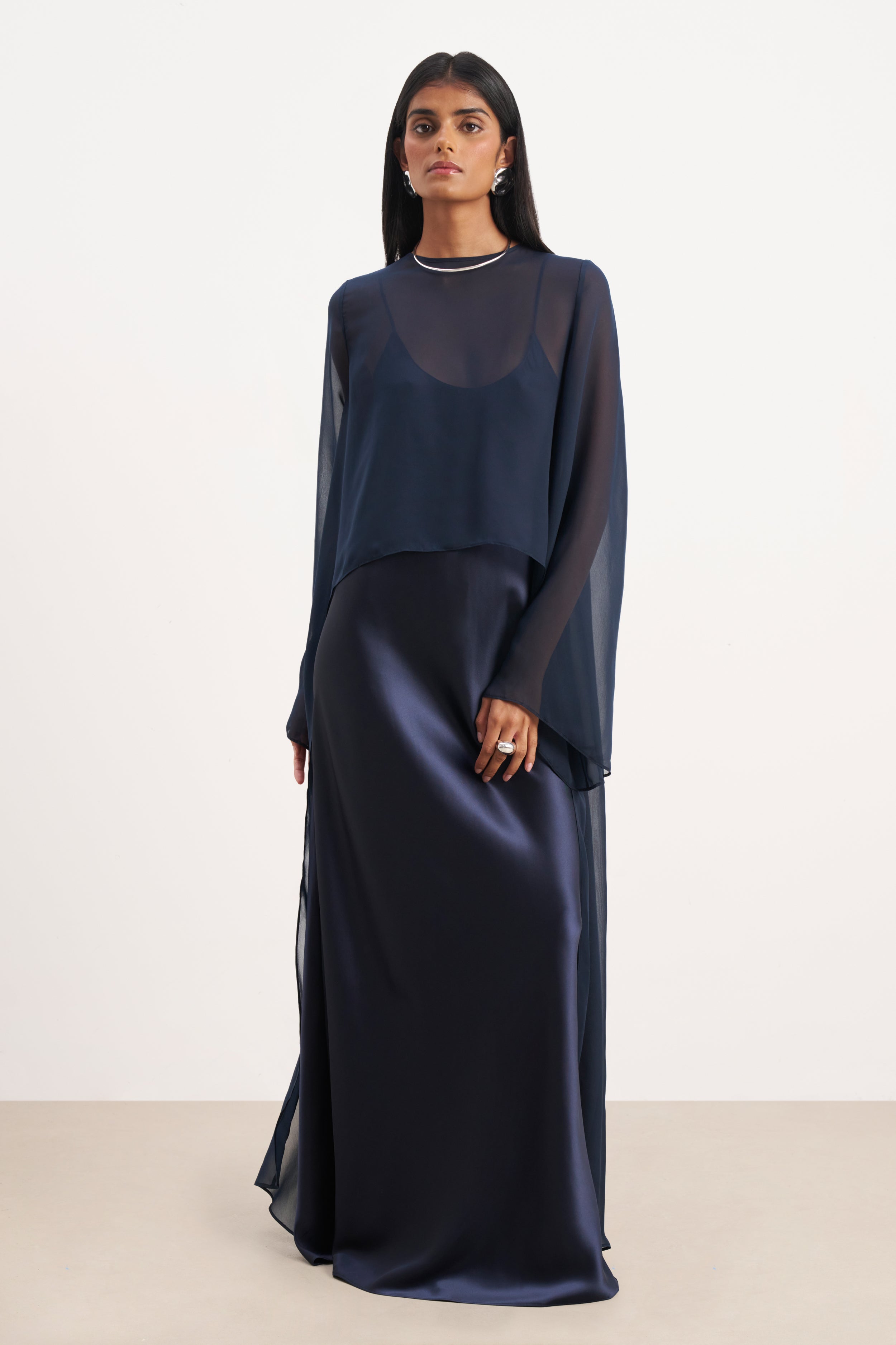Sheer Chiffon Cape Blouse - Navy | BOA US