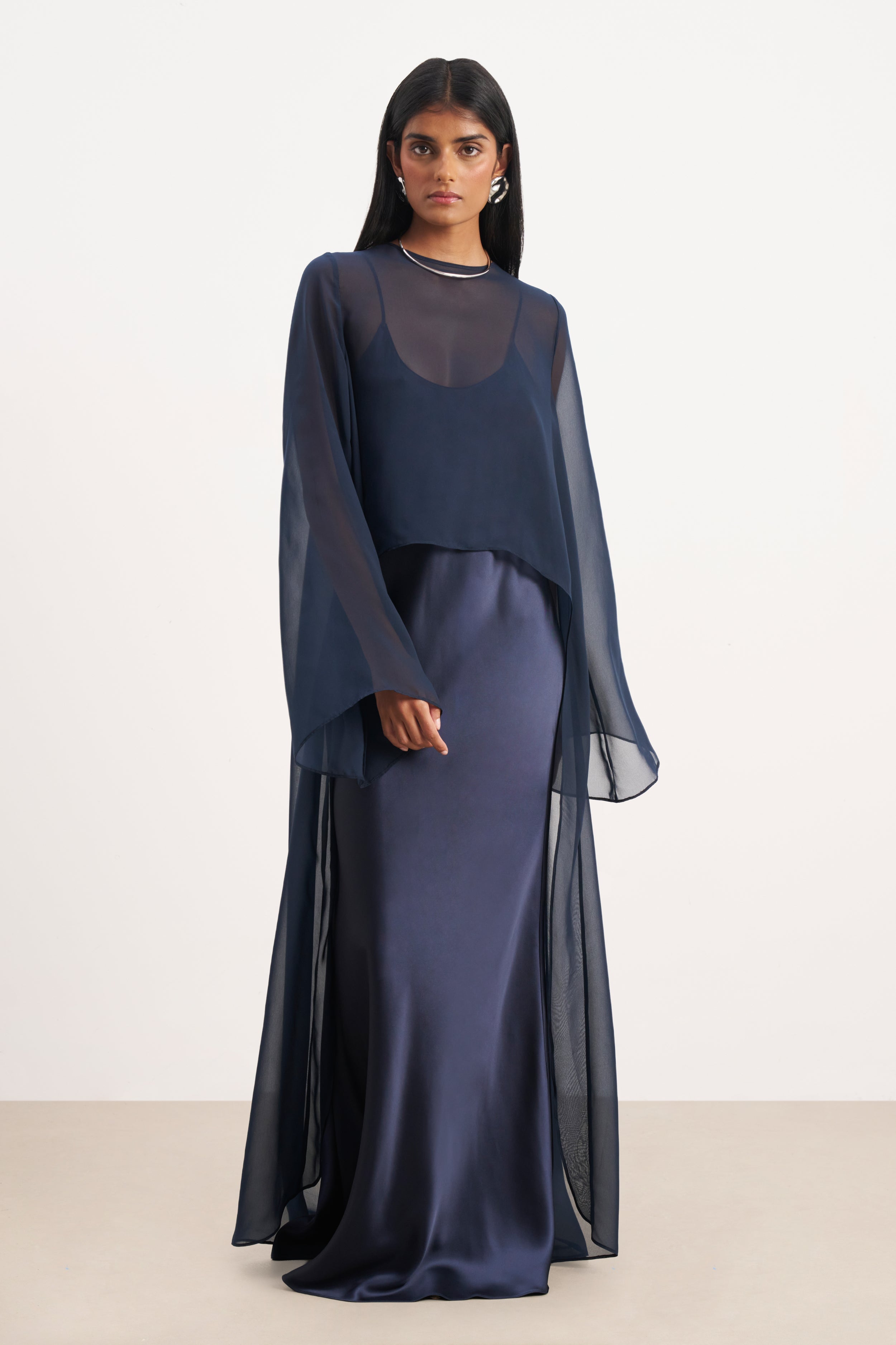 Sheer Chiffon Cape Blouse - Navy | BOA US