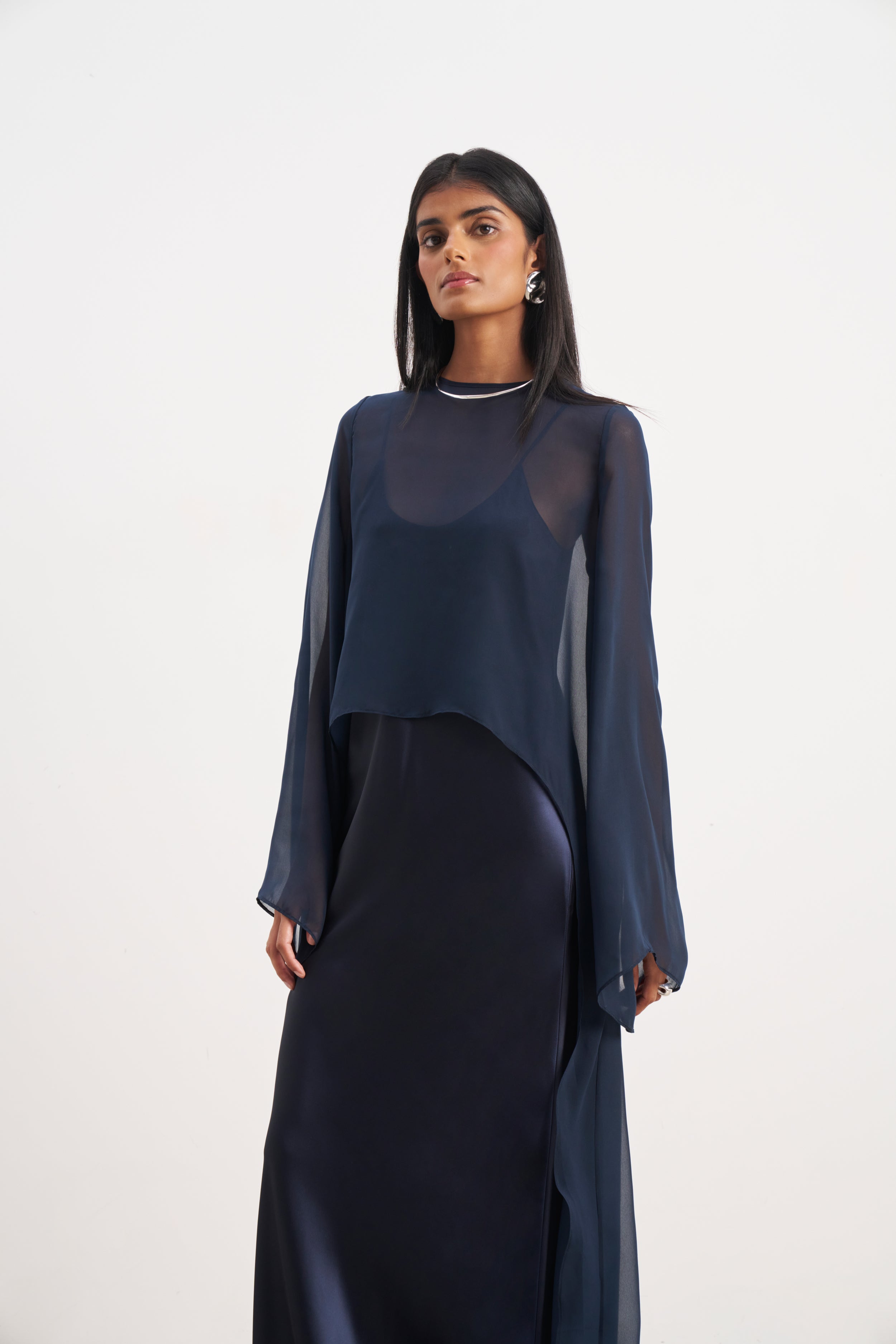 Sheer Chiffon Cape Blouse - Navy | BOA US