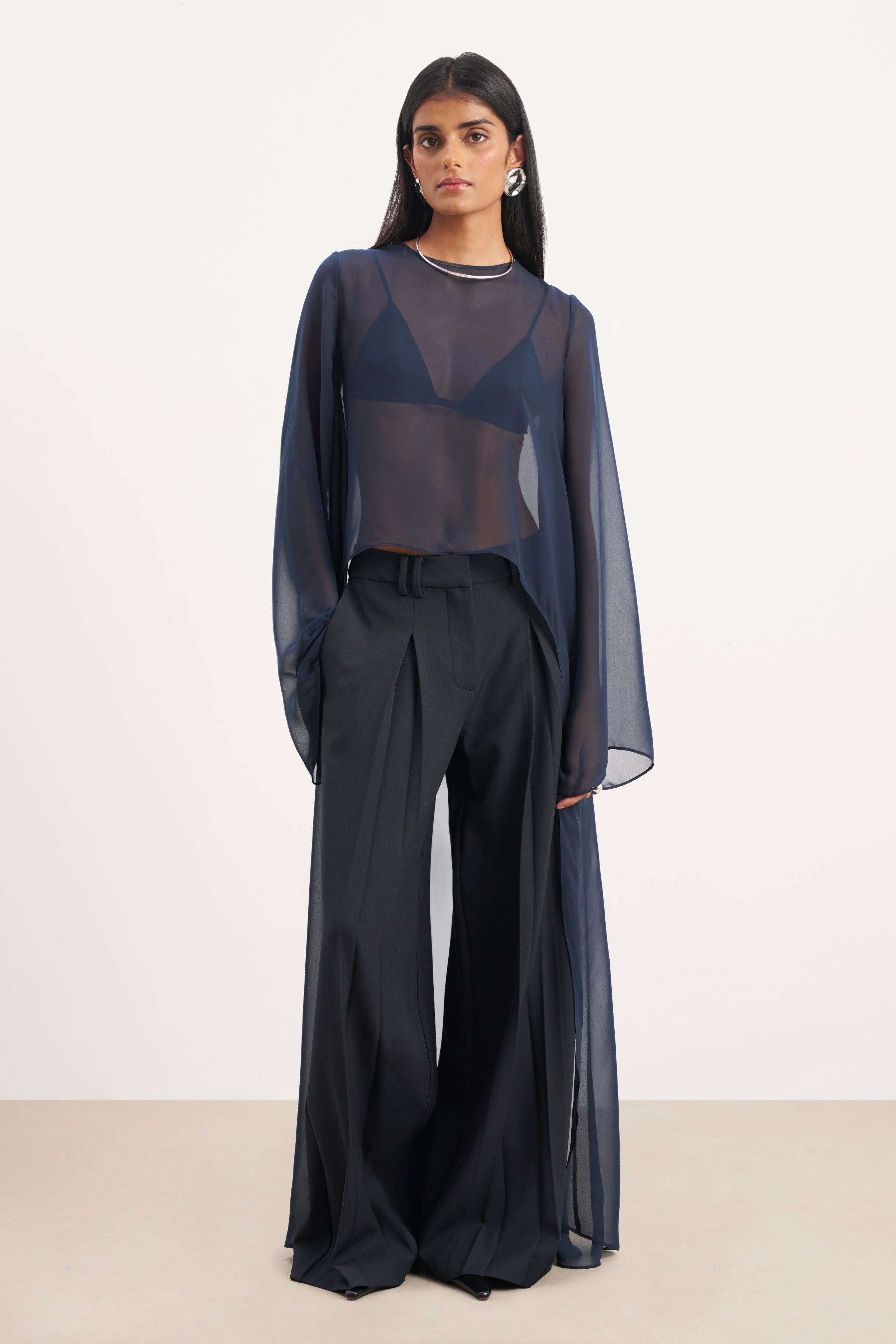 Sheer Chiffon Cape Blouse - Navy | BOA US