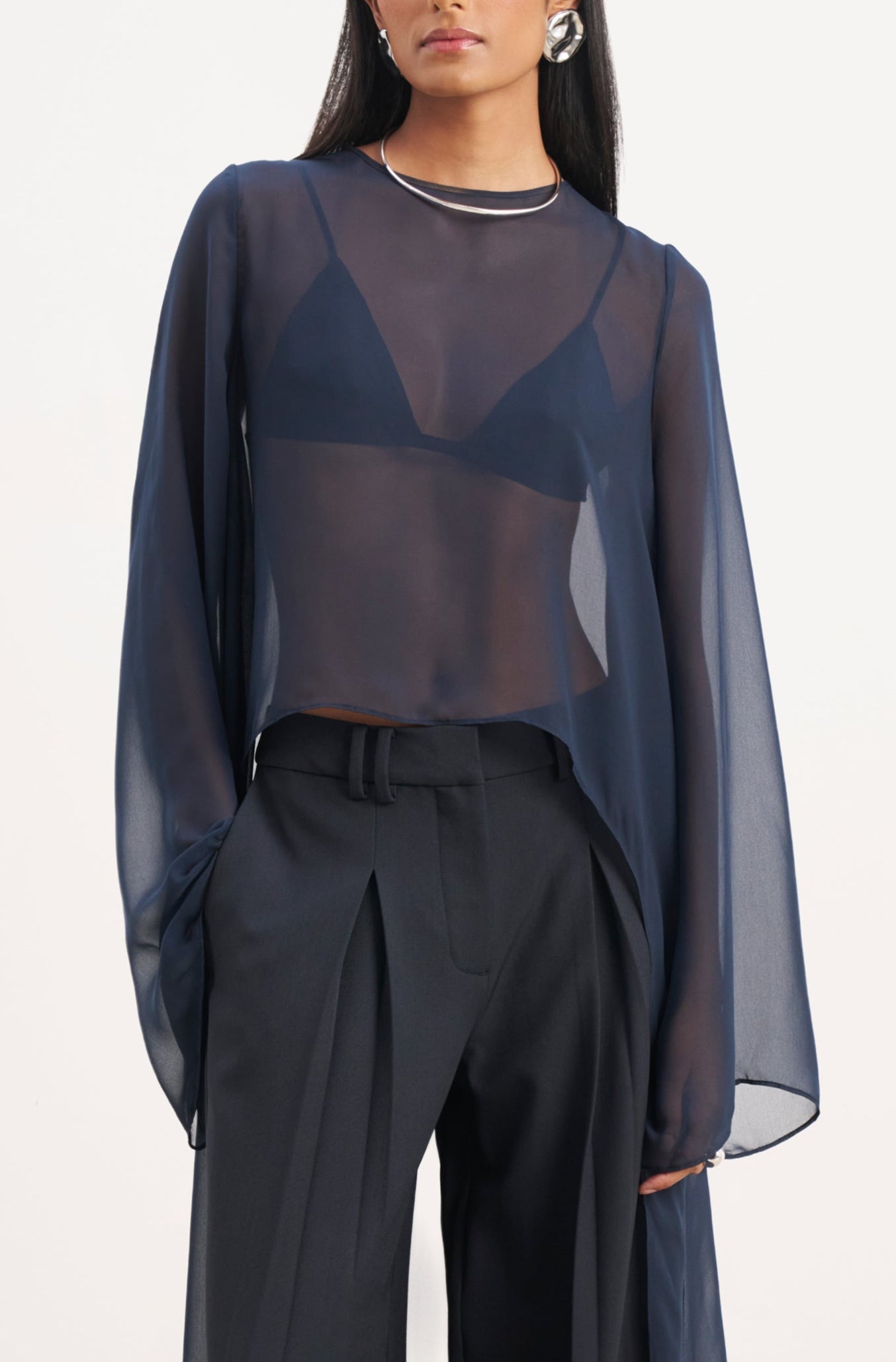 Sheer Chiffon Cape Blouse - Navy | BOA US