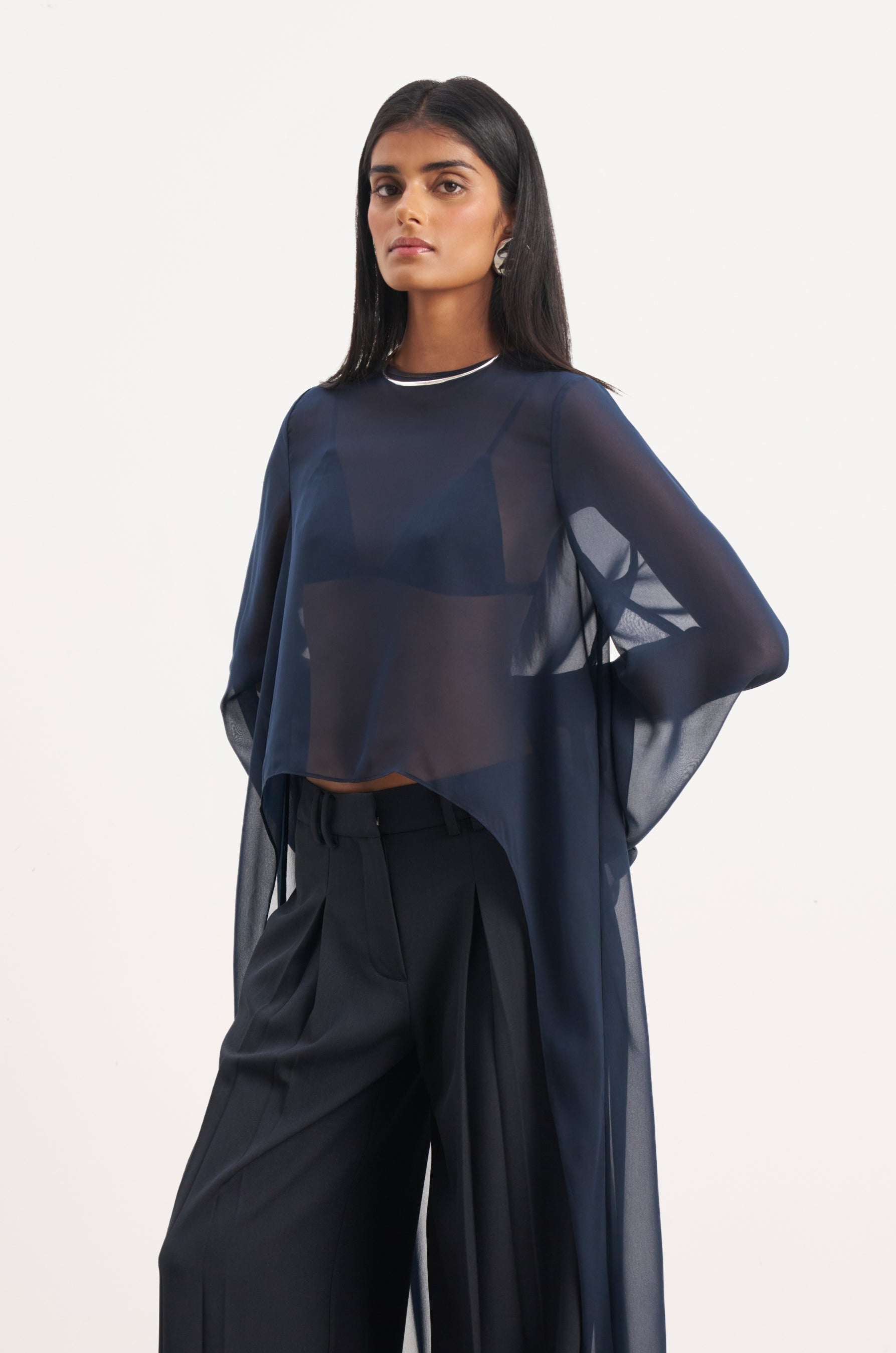 Sheer Chiffon Cape Blouse - Navy | BOA US