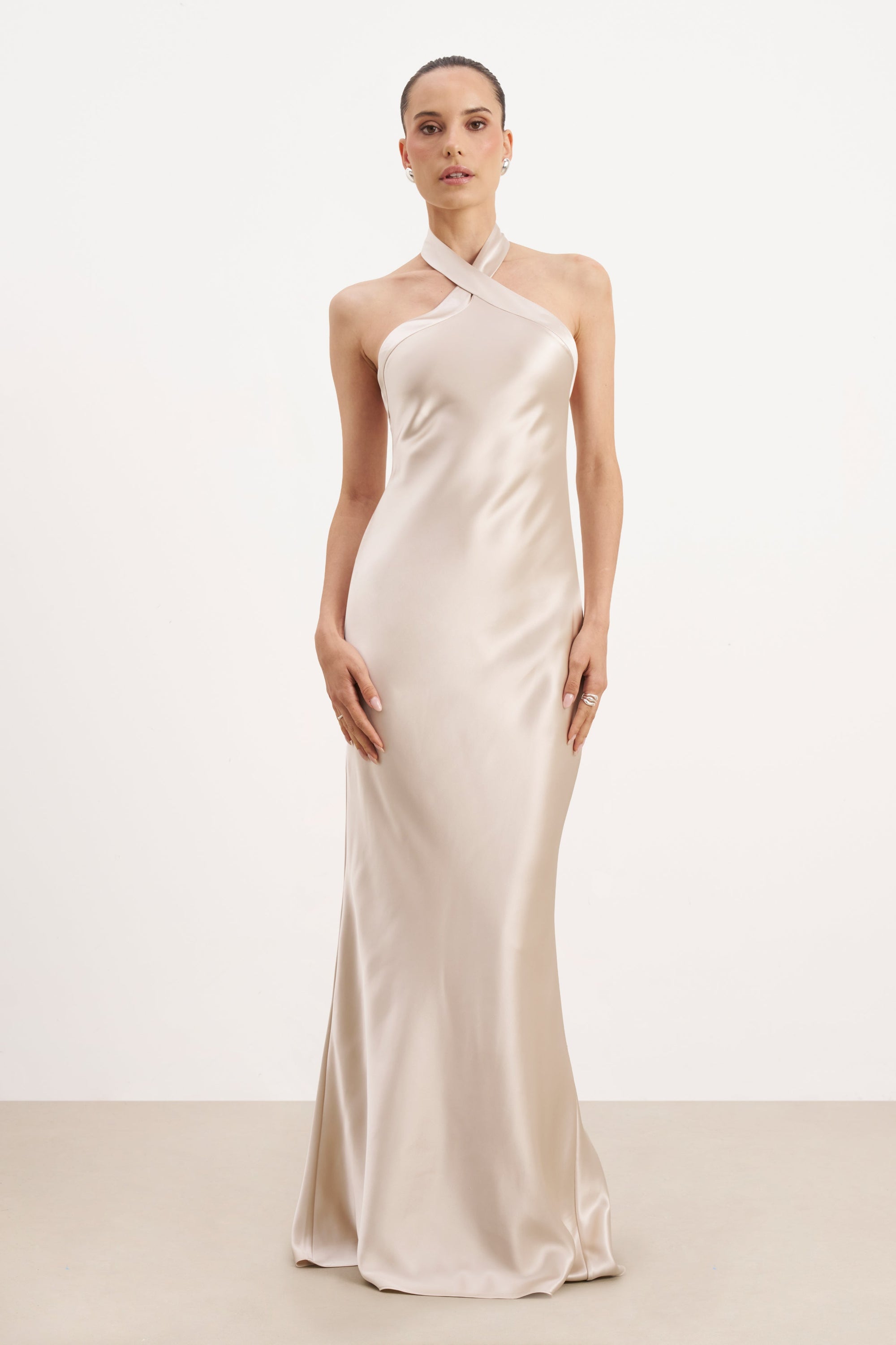 Satin Cross Strap Halter Gown - Champagne Satin Cross Strap Halter Gown - Champagne