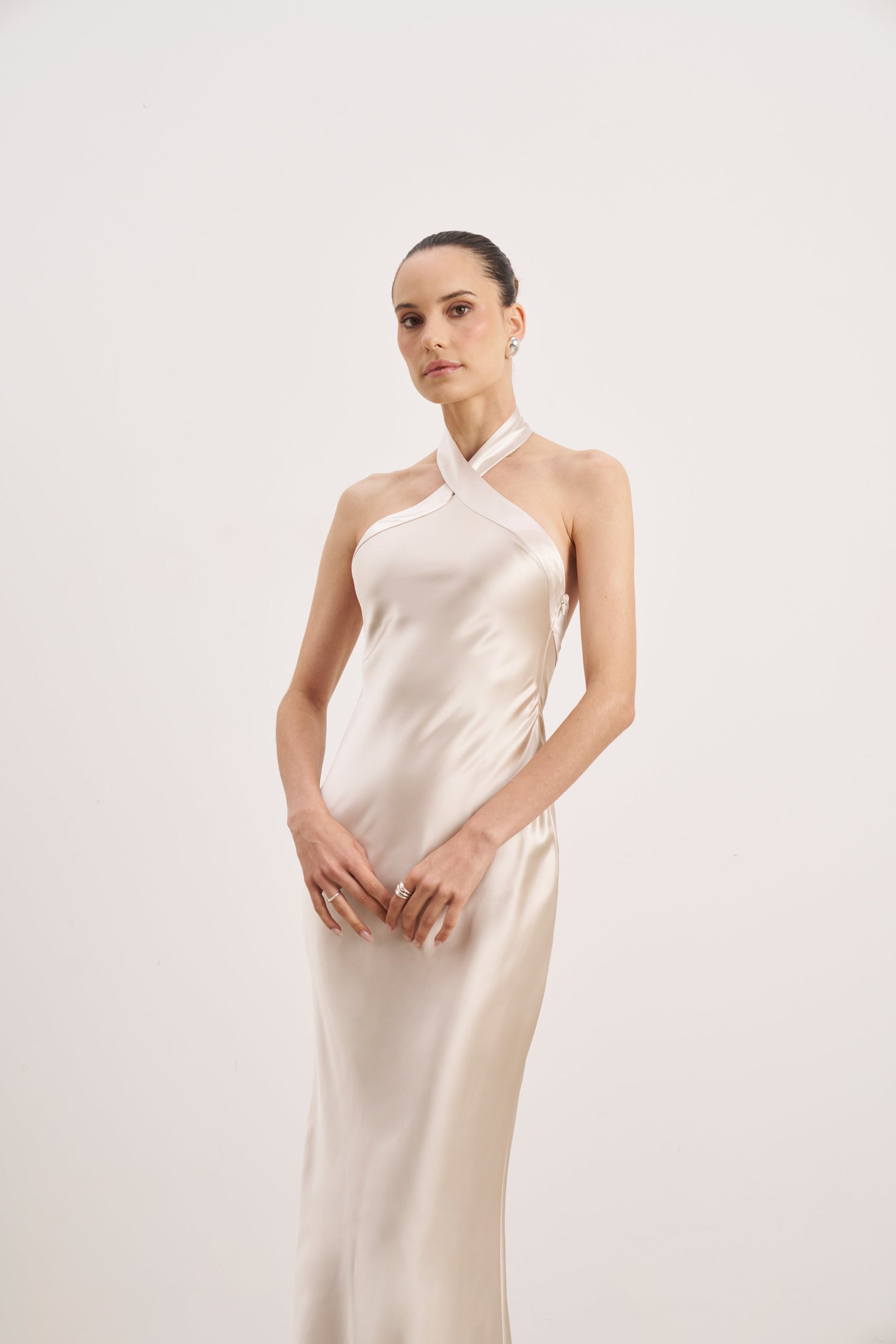 Satin Cross Strap Halter Gown
