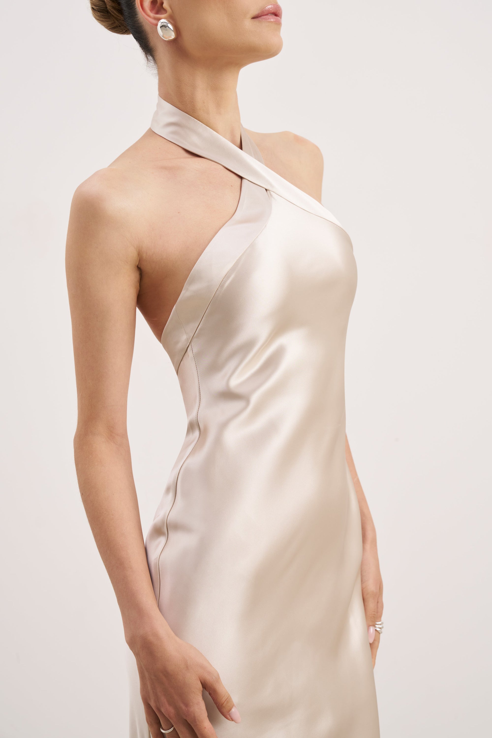 Satin Cross Strap Halter Gown - Champagne | BOA US Satin Cross Strap Halter Gown - Champagne | BOA US