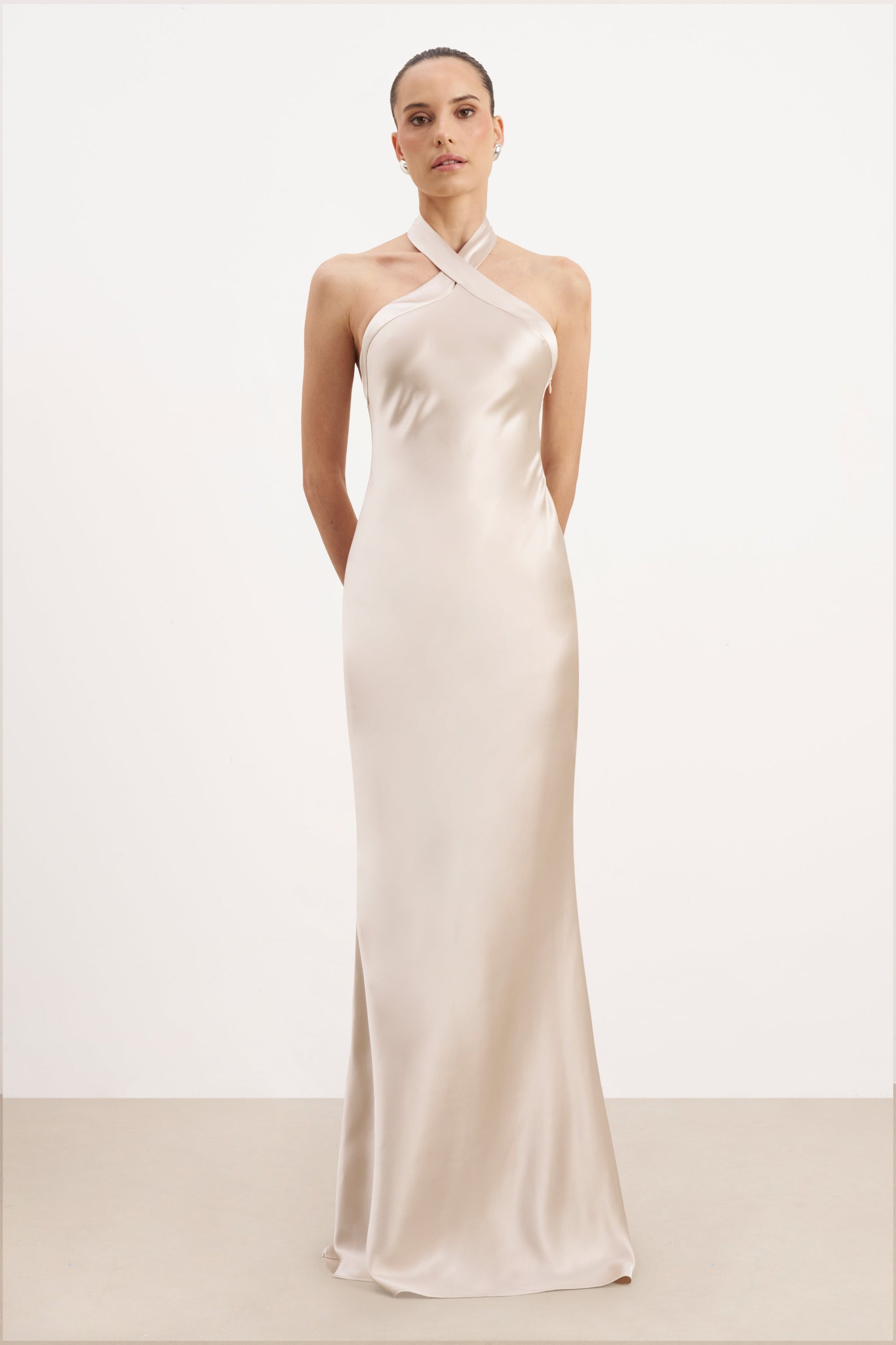 Satin Cross Strap Halter Gown - Champagne