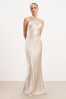 Satin Cross Strap Halter Gown - Champagne | BOA US Satin Cross Strap Halter Gown - Champagne | BOA US