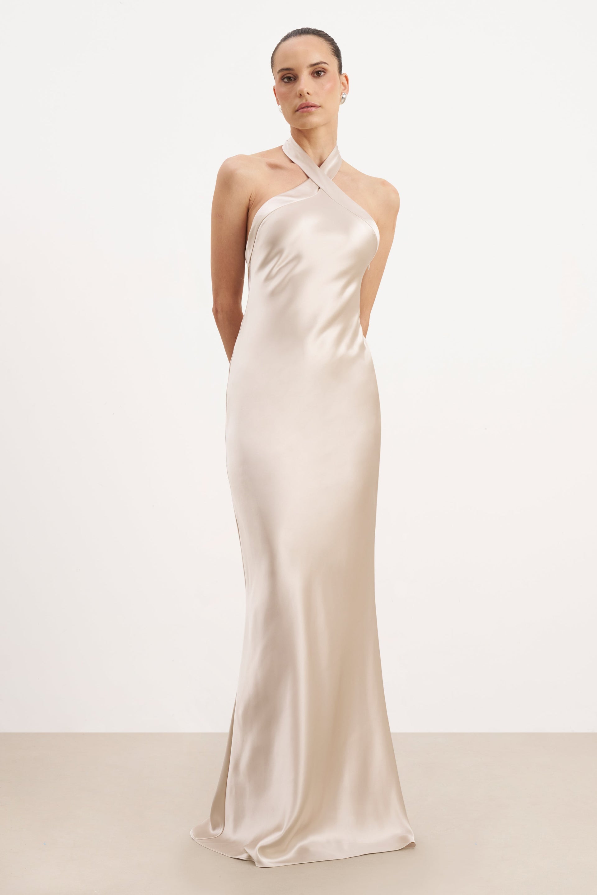 champagne halter wedding dress Satin Cross Strap Halter Gown - Champagne