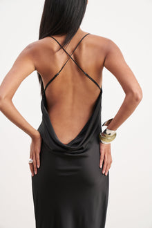 Satin Slinky Cowl Back Gown - Black