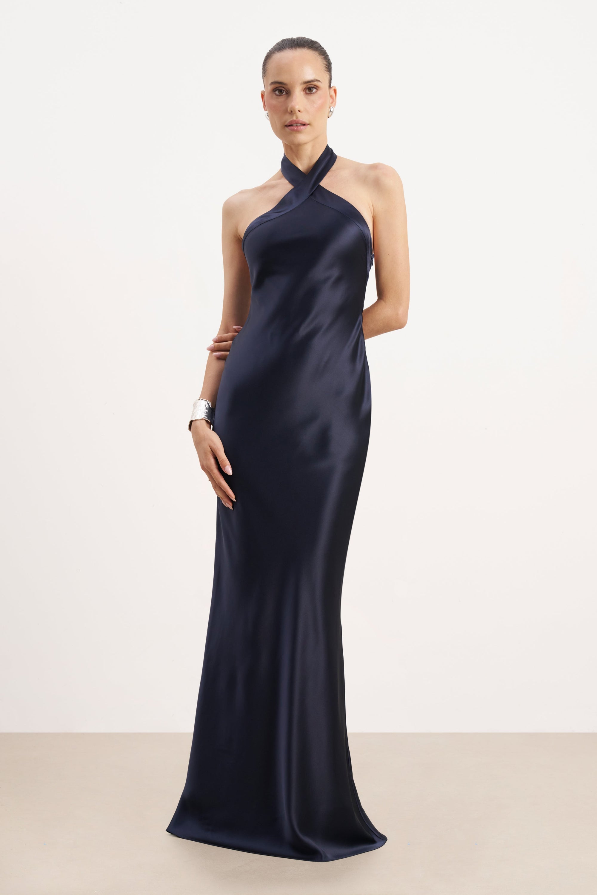 Satin Cross Strap Halter Gown - Navy | BOA US Satin Cross Strap Halter Gown - Navy | BOA US