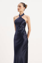 Satin Cross Strap Halter Gown - Navy
