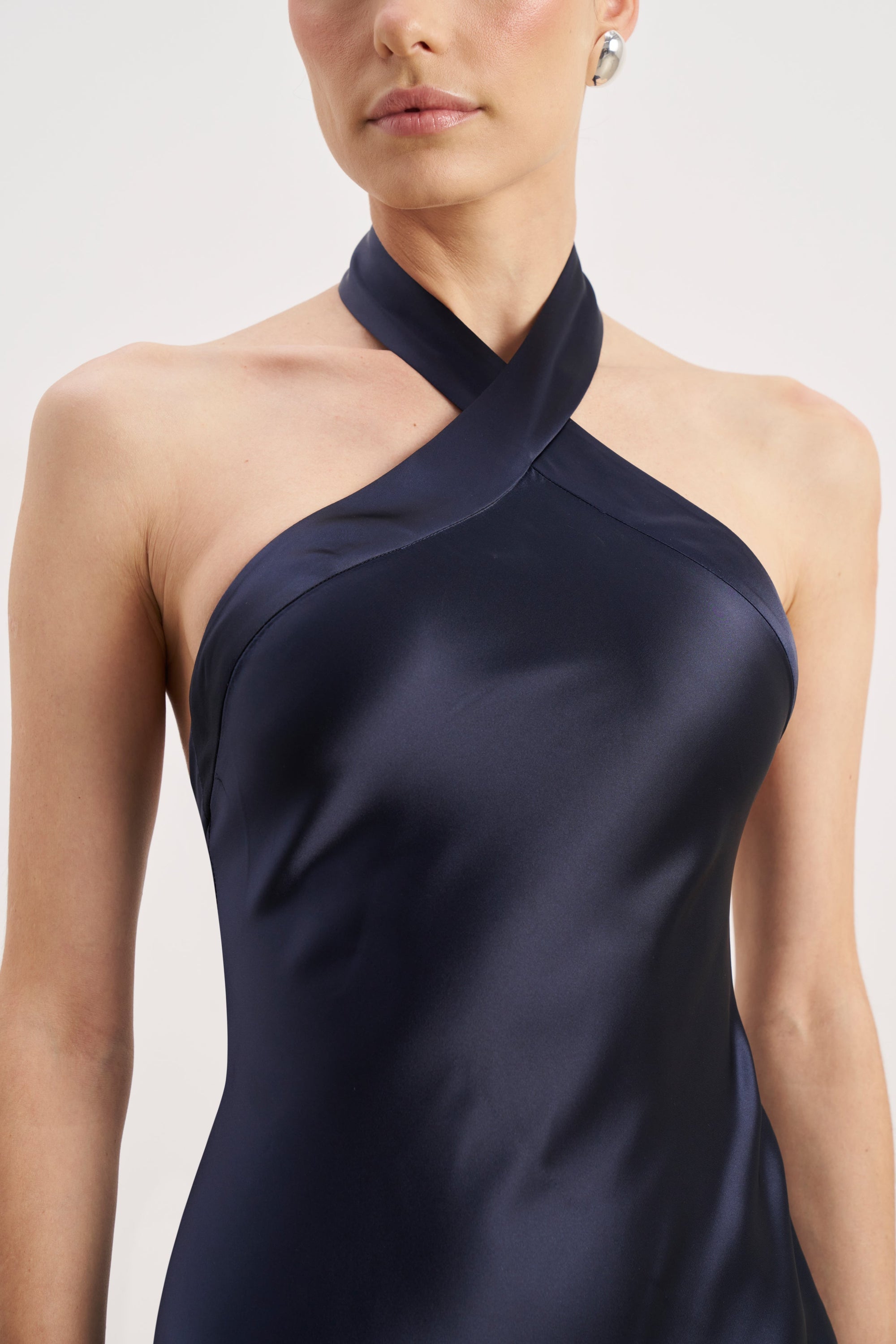 Satin Cross Strap Halter Gown - Navy Satin Cross Strap Halter Gown - Navy