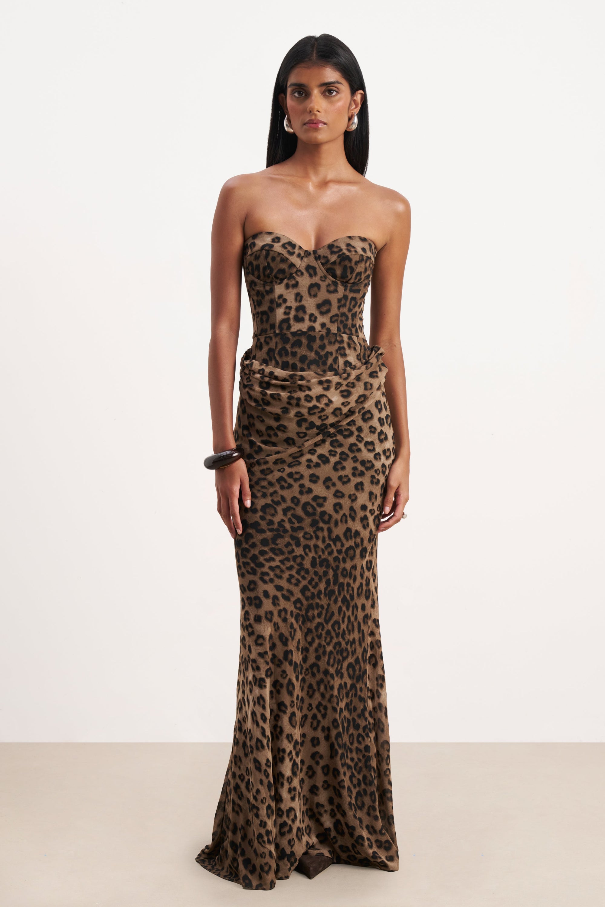 Corset Gown with Draped Hip - Leopard Print