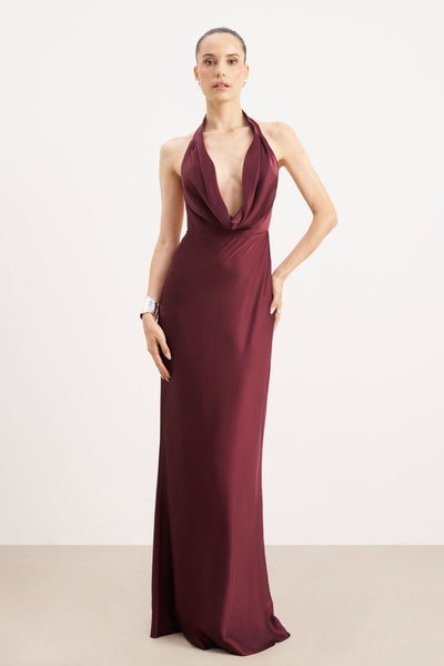 Satin Plunging Cowl Neck Maxi Dress - Mulberry