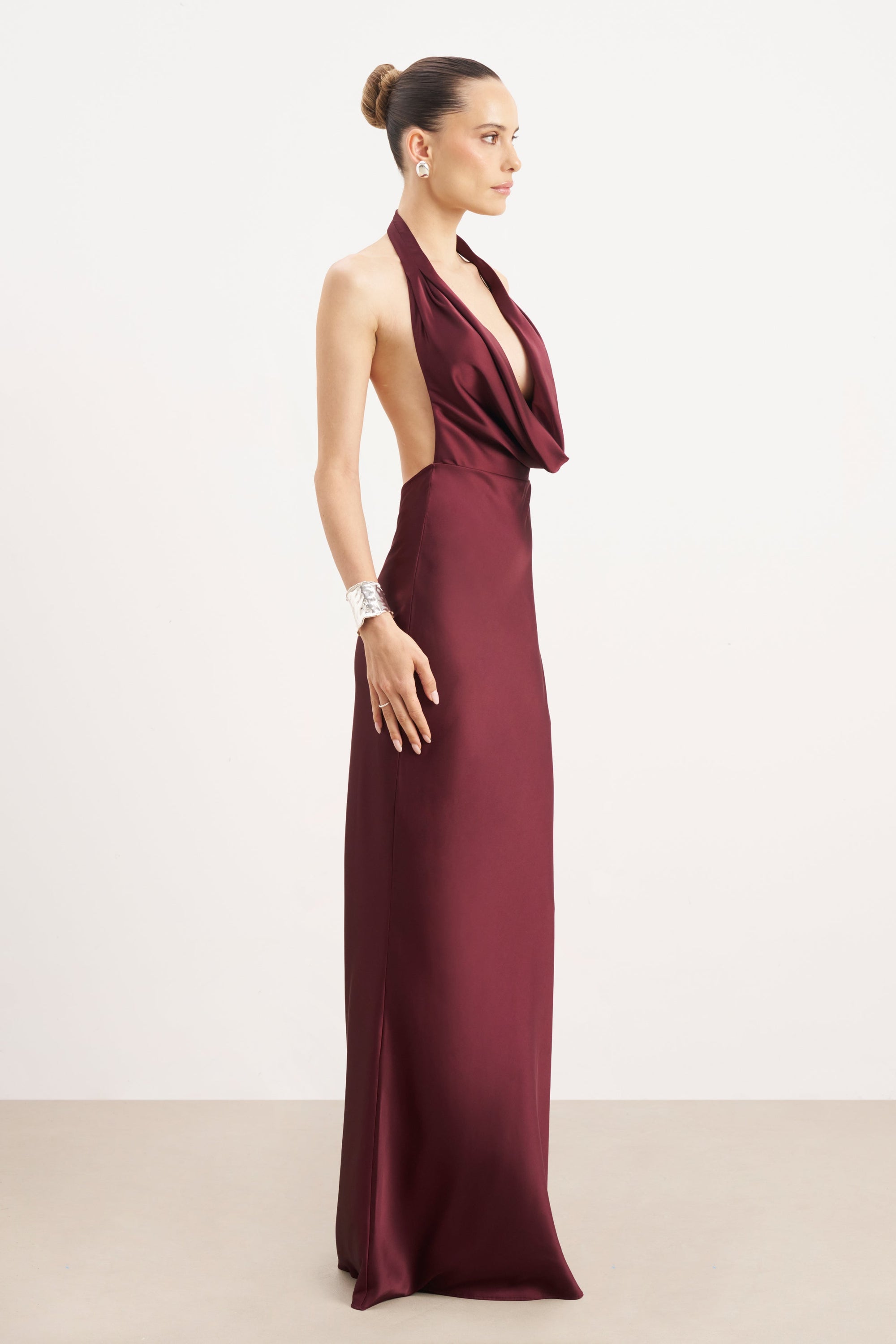 plunge neckline dress Satin Plunging Cowl Neck Maxi Dress - Mulberry
