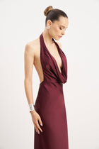 Satin Plunging Cowl Neck Maxi Dress - Mulberry