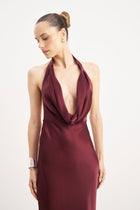 Satin Plunging Cowl Neck Maxi Dress - Mulberry