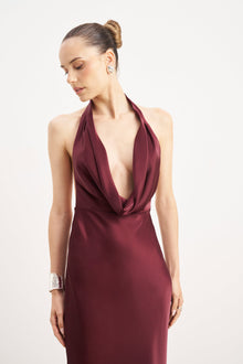 Satin Plunging Cowl Neck Maxi Dress - Mulberry