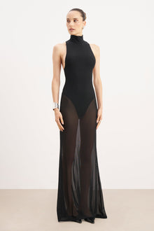 Sheer High Neck Racerback Gown - Black