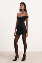 Tailored Ruched Bardot Mini Dress - Black