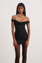 Tailored Ruched Bardot Mini Dress - Black