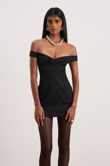 Tailored Ruched Bardot Mini Dress - Black