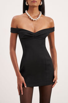 Tailored Ruched Bardot Mini Dress - Black