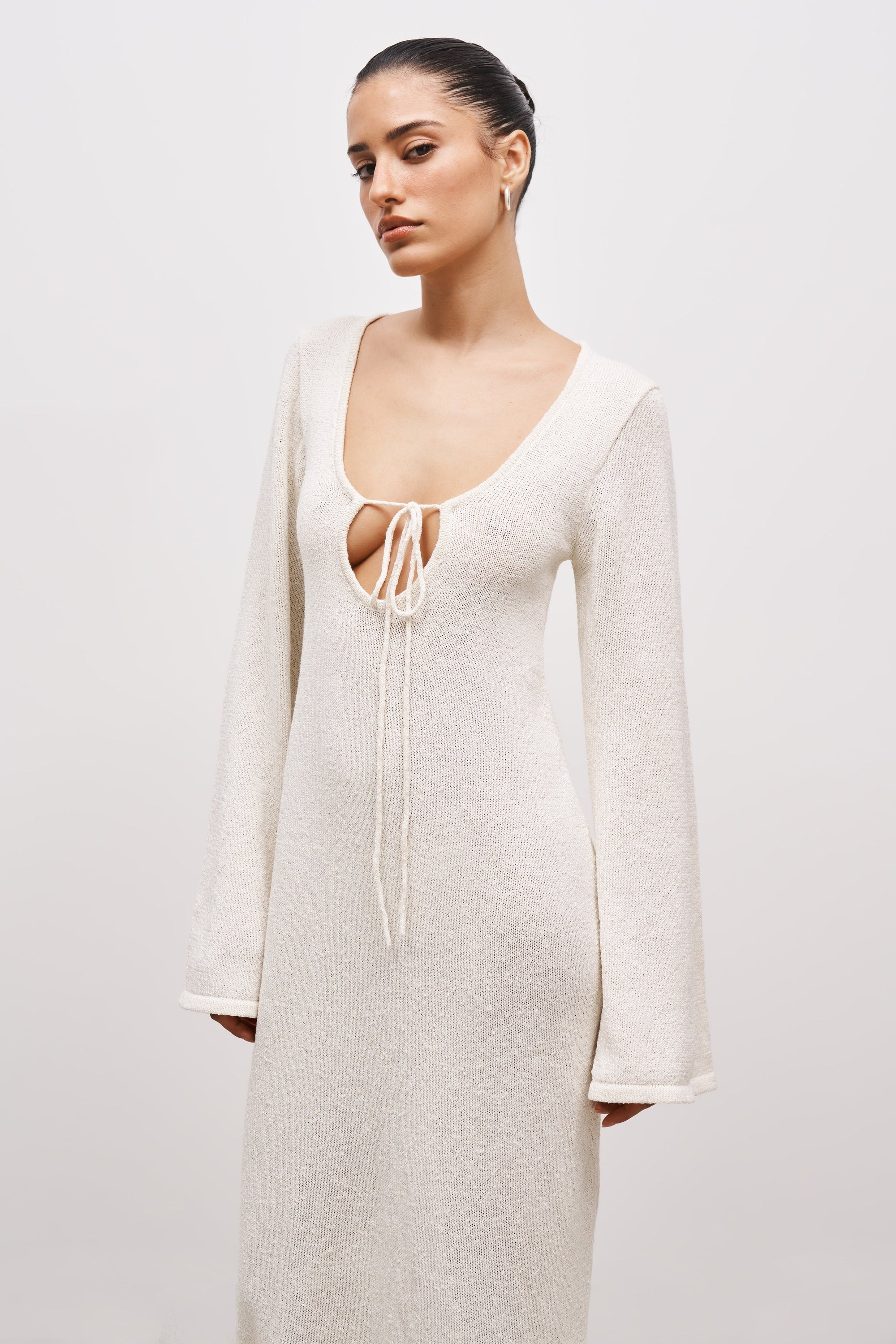 Crochet Knit Long Sleeve Maxi Dress - Cream