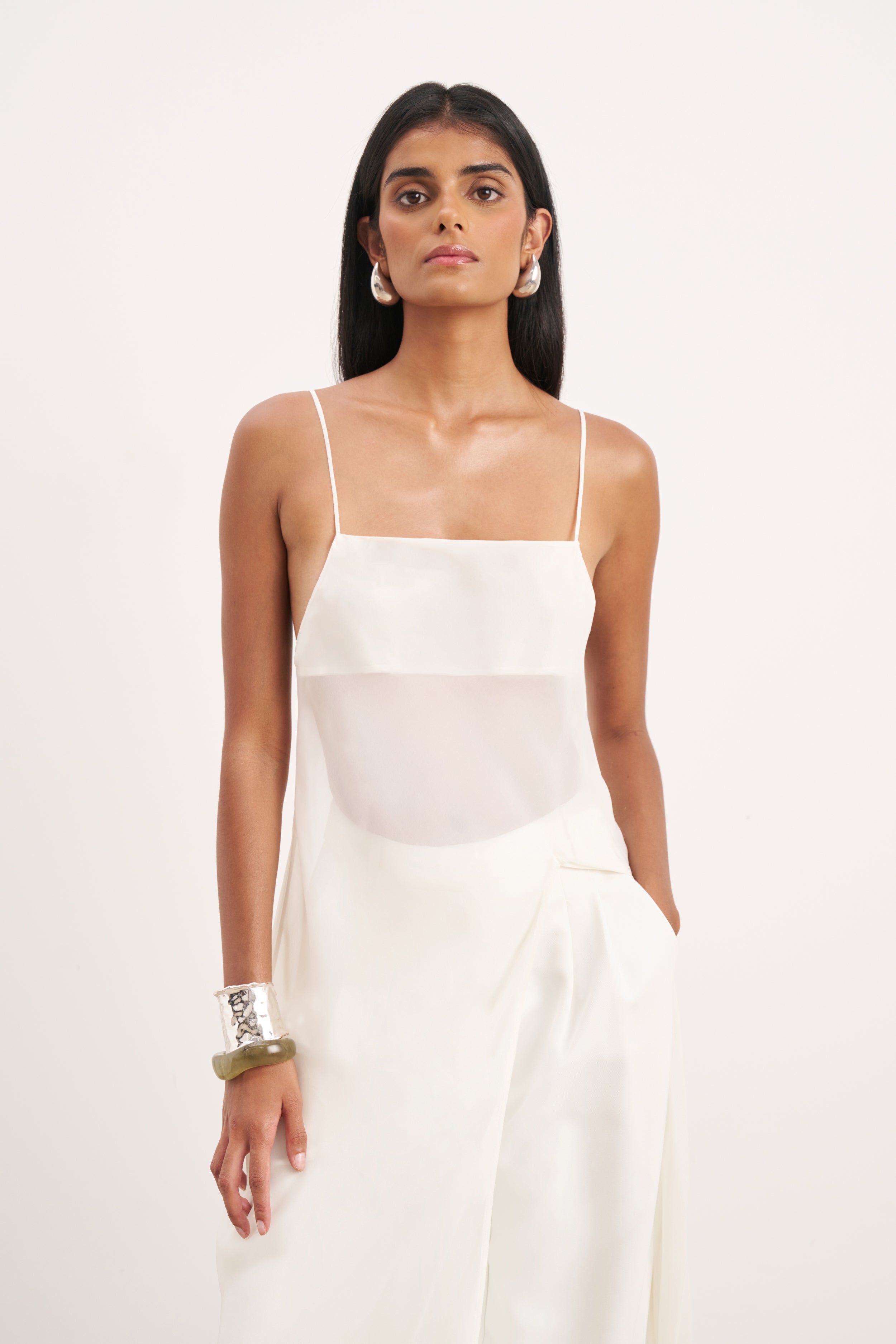 Sheer Chiffon Longline Camisole - Cream | BOA US