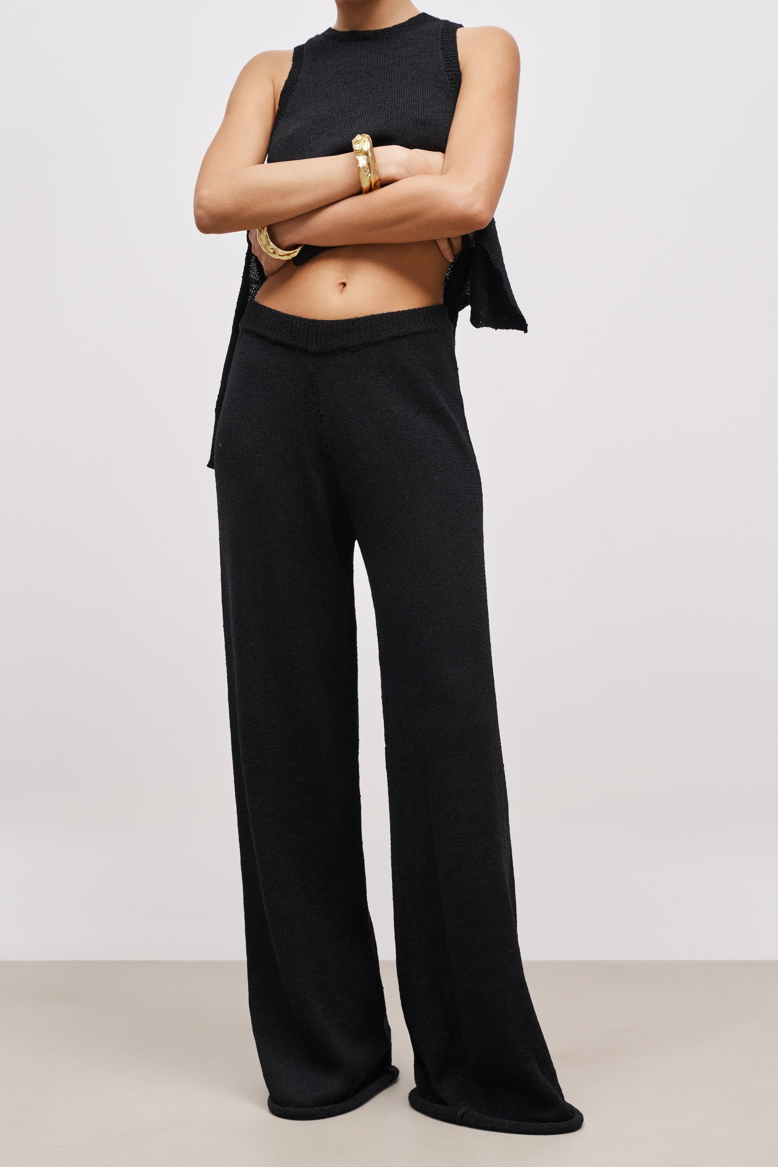 Crochet Knit Wide Leg Trousers - Black