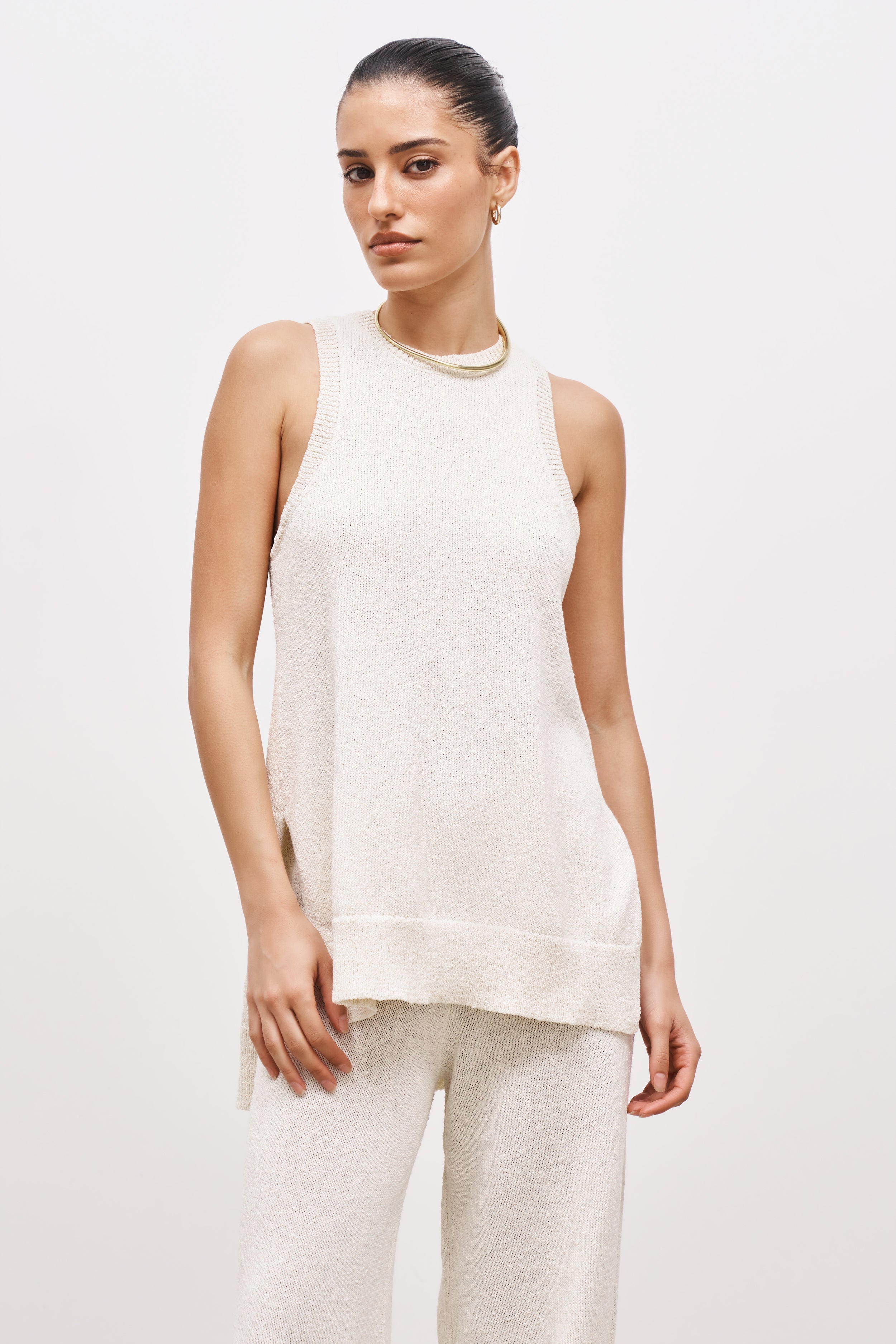 Crochet Knit Split Hem Tunic - Cream