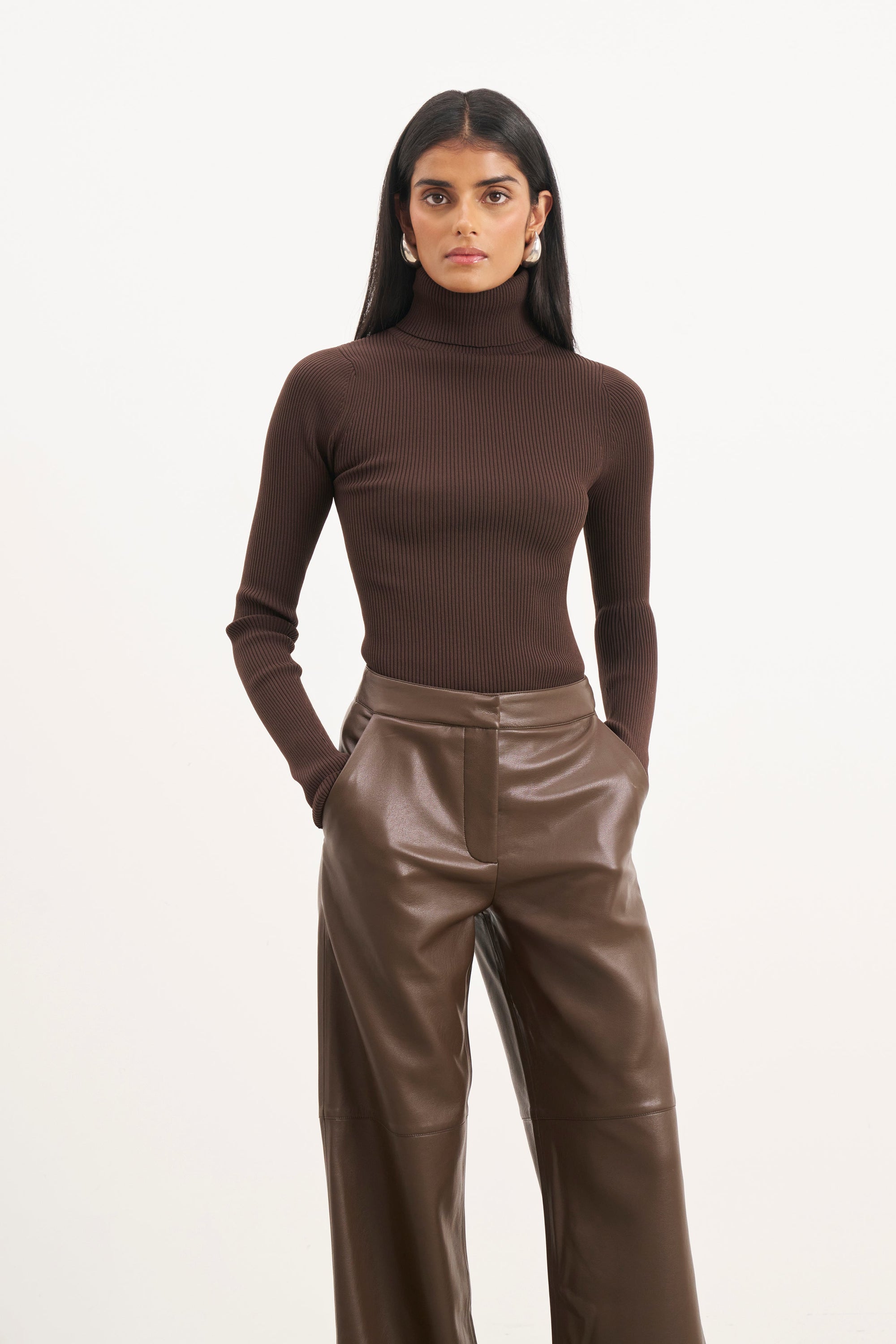 Ribbed Knit Turtleneck Jumper  - Carob