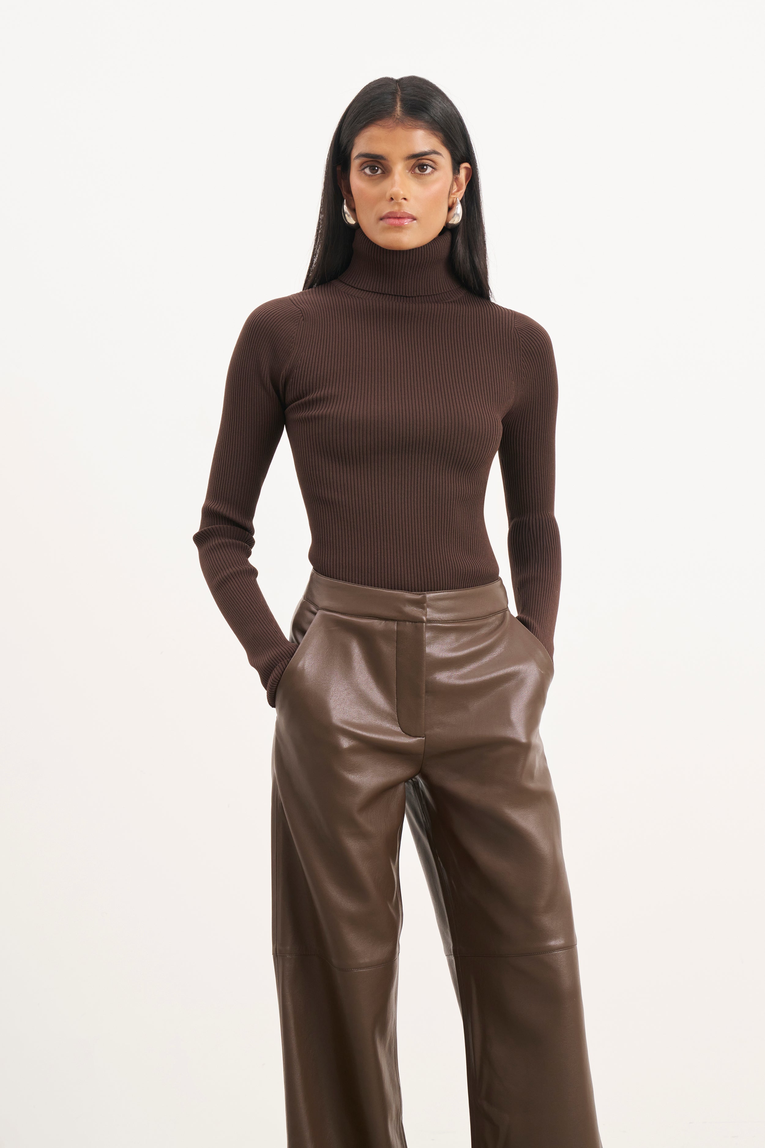 Ribbed Knit Turtleneck Jumper  - Carob