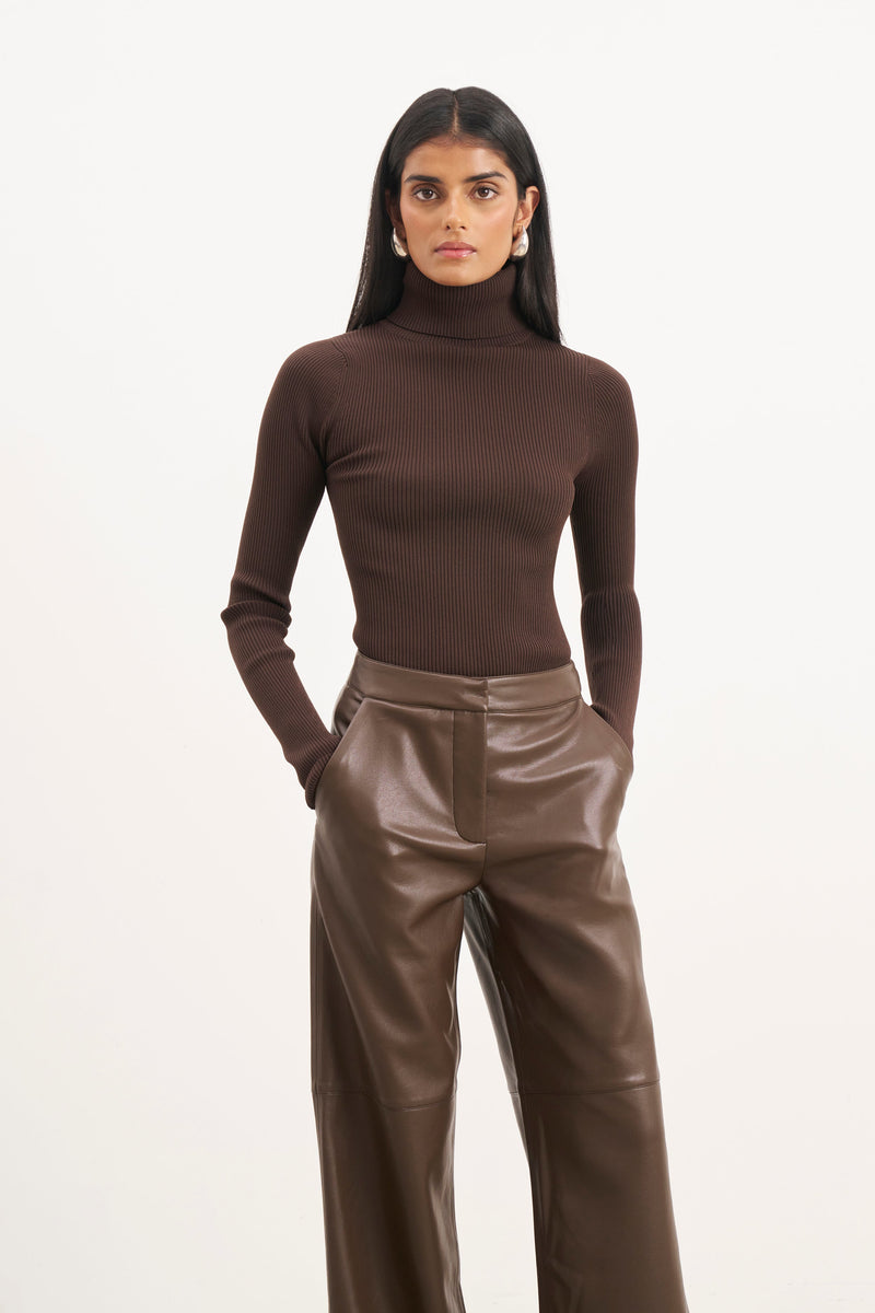 Ribbed Knit Turtleneck Jumper  - Carob