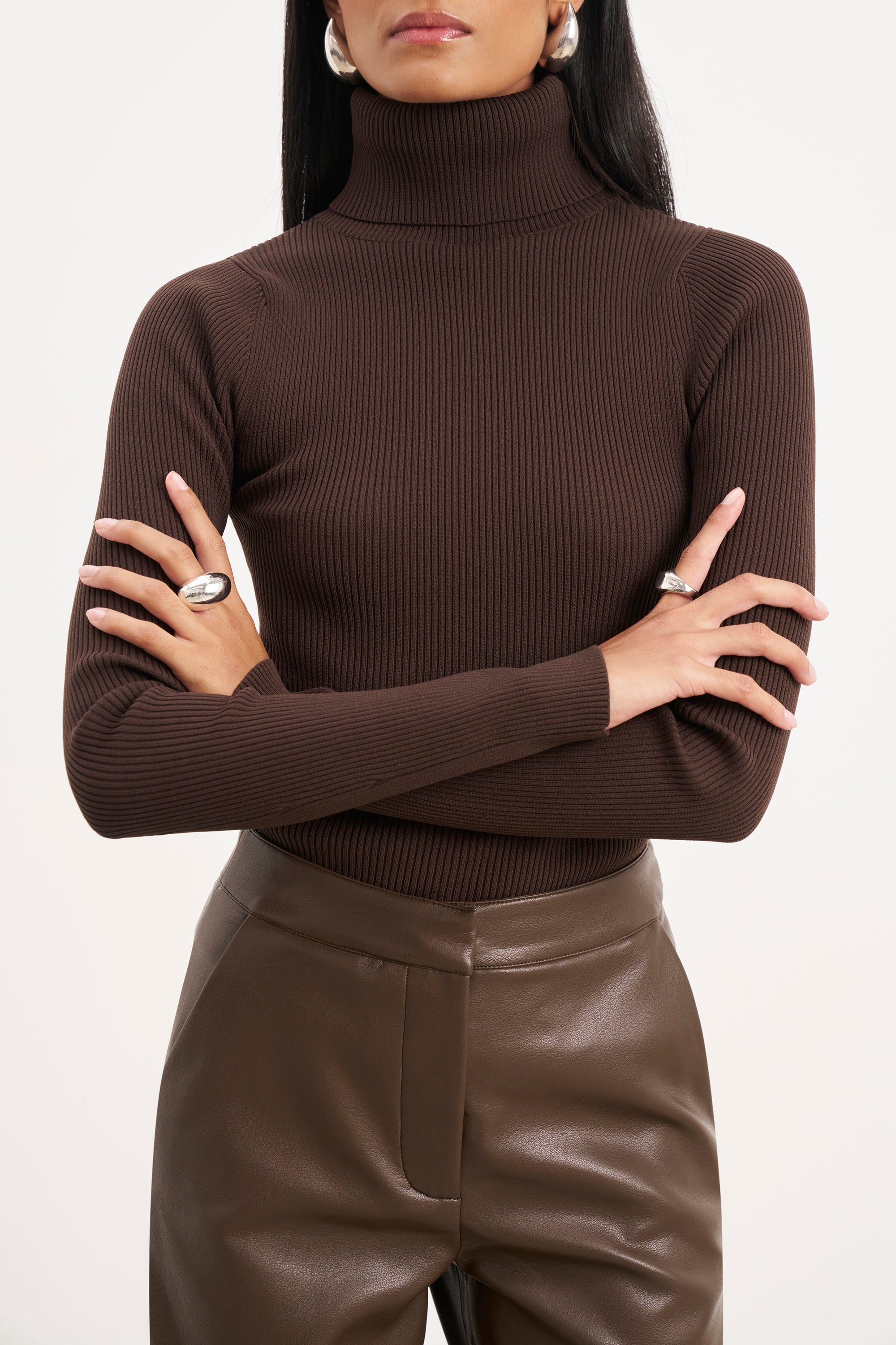 Ribbed Knit Turtleneck Jumper  - Carob