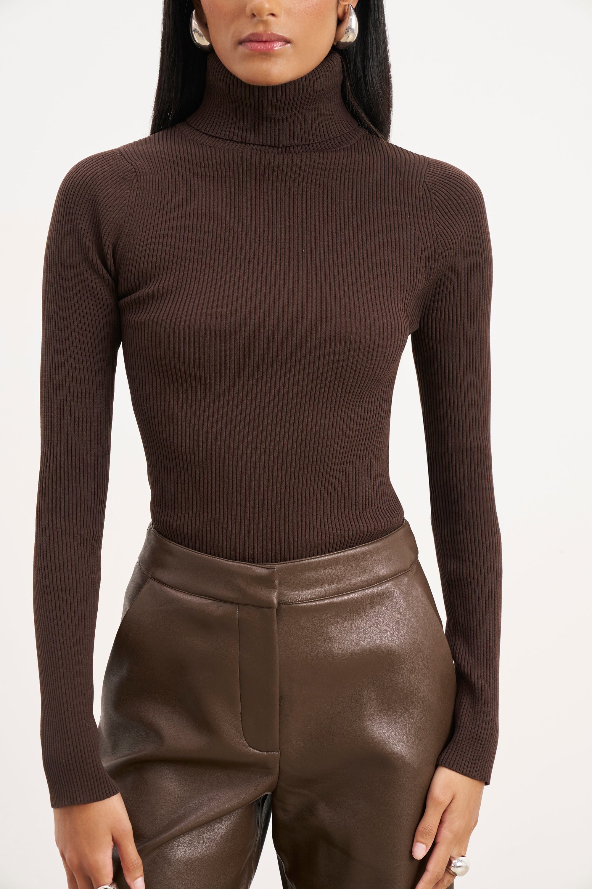 Ribbed Knit Turtleneck Jumper  - Carob
