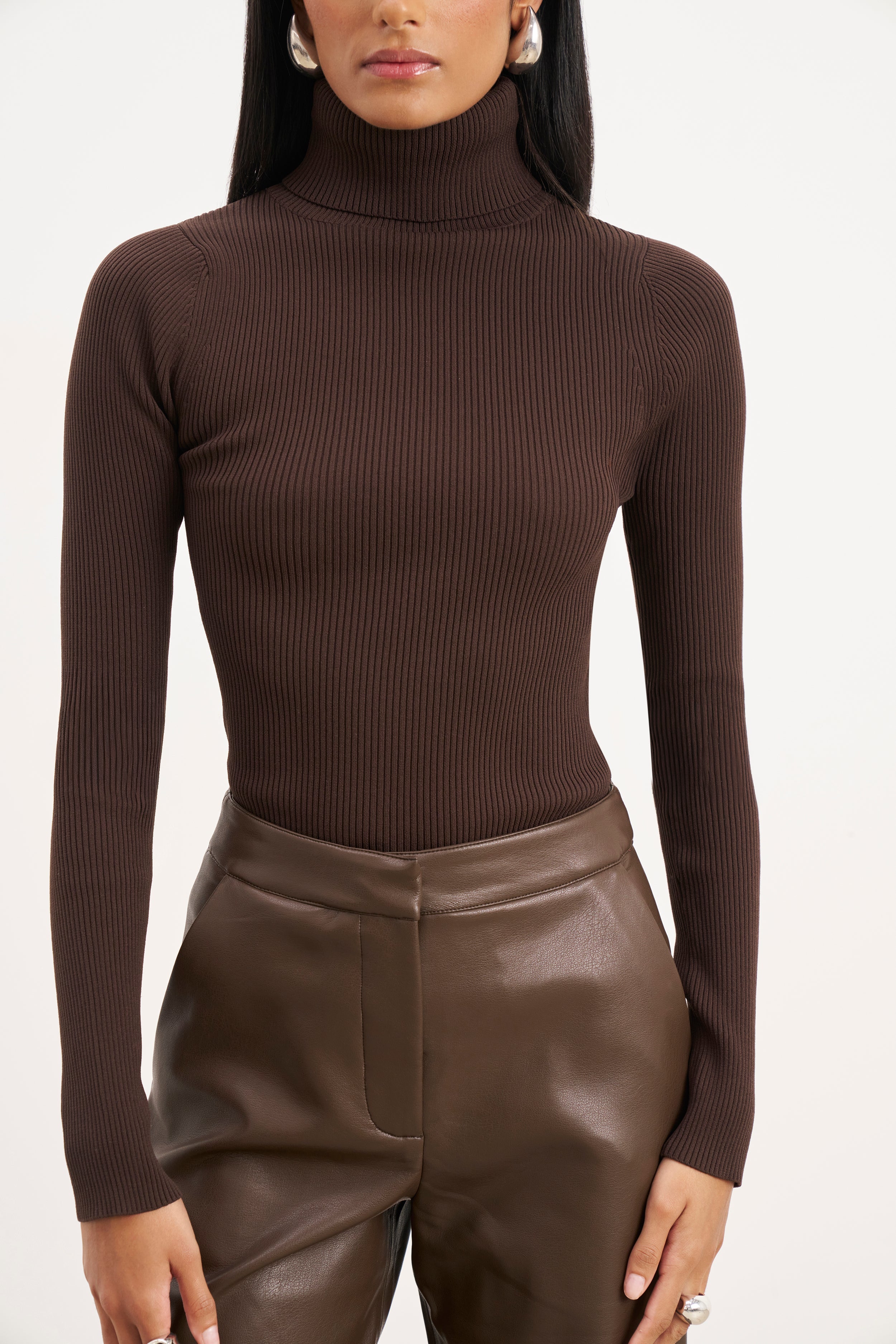 Ribbed Knit Turtleneck Jumper  - Carob
