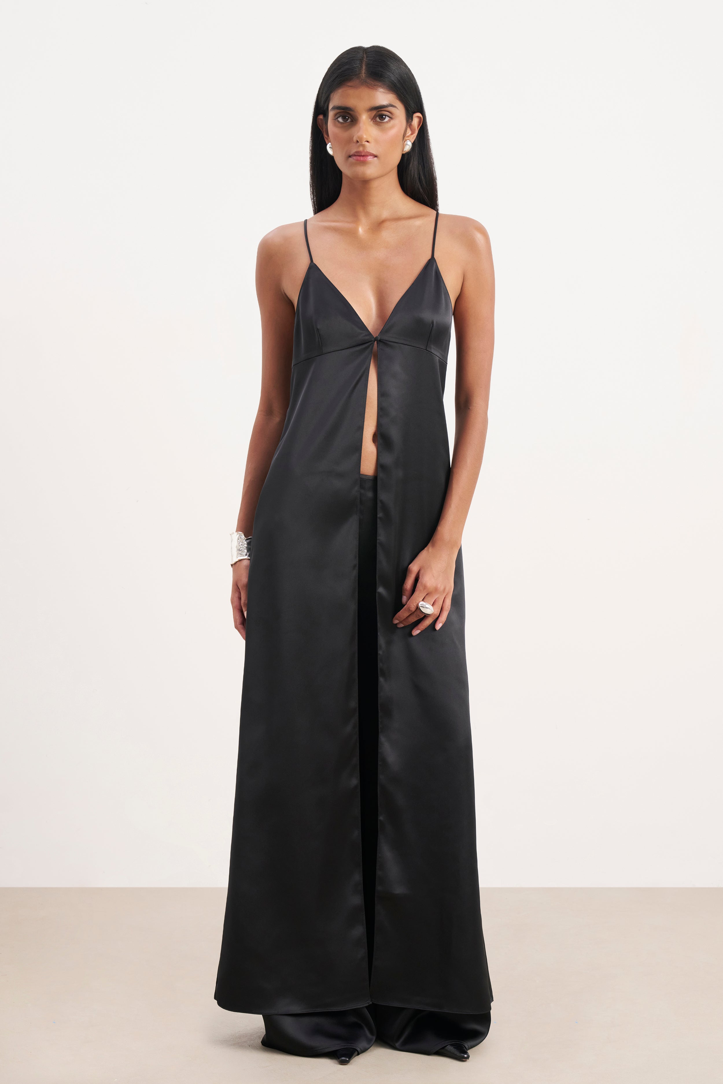 Satin V Neck Longline Camisole - Black | BOA US